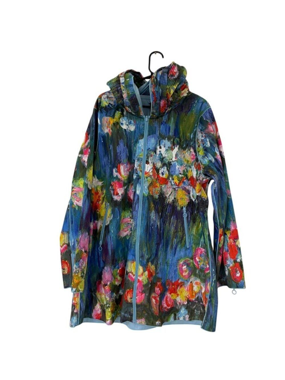 Ubu Womens Reversible Raincoat Jacket 1x Blue Floral Abstract Tulips Hooded Nwt